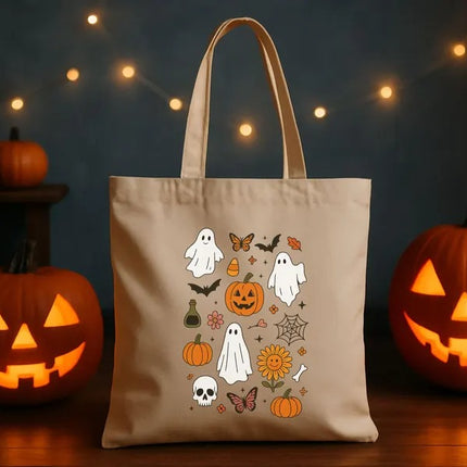Halloween Doodles Tote Bags, Trick or Treat Bag, Halloween Kids Pumpkin Tote Bag