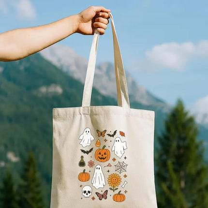 Halloween Doodles Tote Bags, Trick or Treat Bag, Halloween Kids Pumpkin Tote Bag