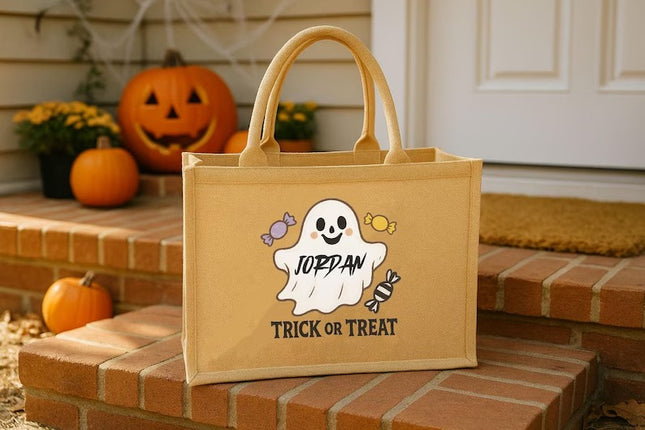 Custom Halloween Trick or Treat Bag for Kids, Personalised Candy Tote, Name Pumpkin Ghost Printed Bag, Halloween Party Spooky Basket Gifts
