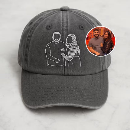 Personalised Couple Portrait Hat, Embroidered Sketch from Photo Cap, Gift for Him Her