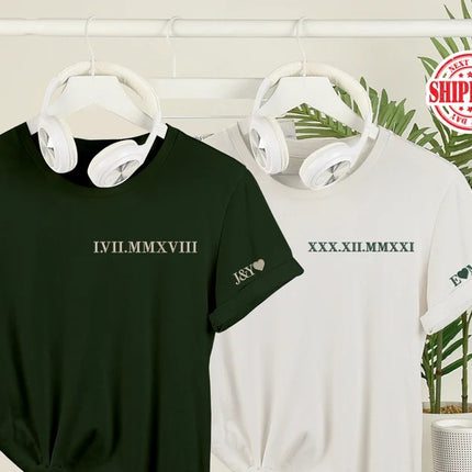 Embroidered Roman Numeral T-Shirts, Personalised Initials Couple Matching Shirt, Custom Wedding Date Tees, Memorial Anniversary Gift for Him