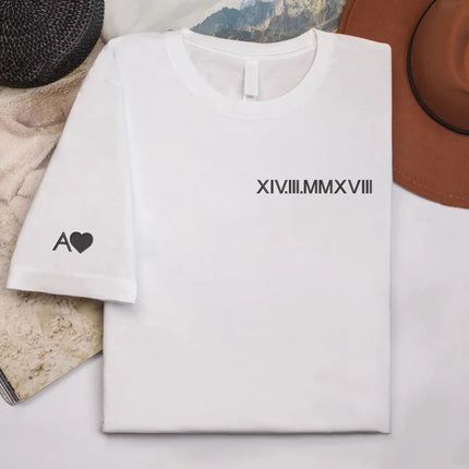 Embroidered Roman Numeral T-Shirts, Personalised Initials Couple Matching Shirt, Custom Wedding Date Tees, Memorial Anniversary Gift for Him