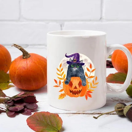 Halloween Cat Mugs, Funny Cat With Knife Printed Mug, 11oz White Ceramic Cat Mugs, Cat Lover Gifts, Halloween Ice Coffee Mug, Halloween Gift