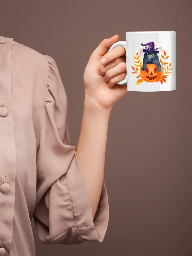 Halloween Cat Mugs, Funny Cat With Knife Printed Mug, 11oz White Ceramic Cat Mugs, Cat Lover Gifts, Halloween Ice Coffee Mug, Halloween Gift