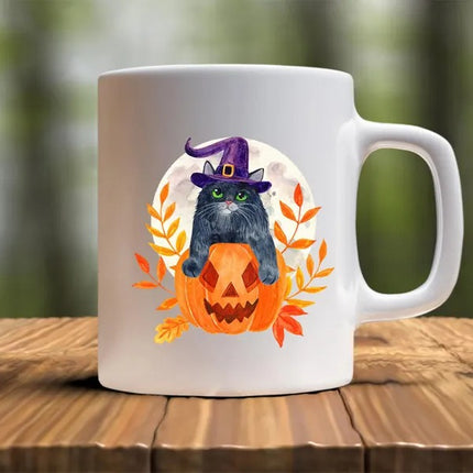 Halloween Cat Mugs, Funny Cat With Knife Printed Mug, 11oz White Ceramic Cat Mugs, Cat Lover Gifts, Halloween Ice Coffee Mug, Halloween Gift