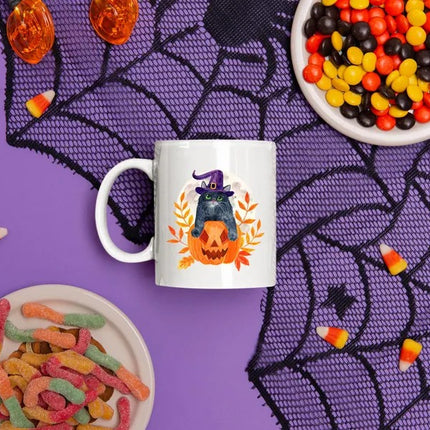 Halloween Cat Mugs, Funny Cat With Knife Printed Mug, 11oz White Ceramic Cat Mugs, Cat Lover Gifts, Halloween Ice Coffee Mug, Halloween Gift
