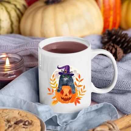 Halloween Cat Mugs, Funny Cat With Knife Printed Mug, 11oz White Ceramic Cat Mugs, Cat Lover Gifts, Halloween Ice Coffee Mug, Halloween Gift