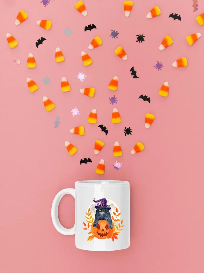 Halloween Cat Mugs, Funny Cat With Knife Printed Mug, 11oz White Ceramic Cat Mugs, Cat Lover Gifts, Halloween Ice Coffee Mug, Halloween Gift