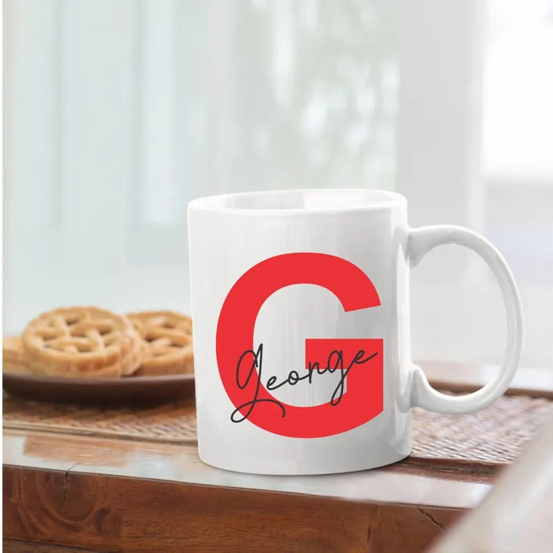 Personlised Name and Simple Initial Mug, Custom Monogram 11oz Ceramic Coffee Mug, Birthday Gift for Co-Worker, Best Christmas Gift for Him