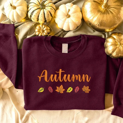 Embroidered Autumn Sweatshirt, Fall Leaves Crewneck Sweatshirt, Vintage Thanksgiving Foliage Jumper, Autumn Season Matching Clothing Gifts