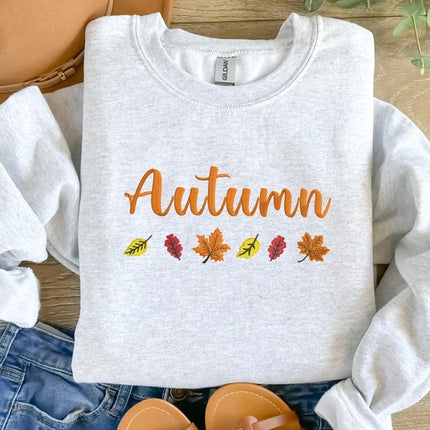 Embroidered Autumn Sweatshirt, Fall Leaves Crewneck Sweatshirt, Vintage Thanksgiving Foliage Jumper, Autumn Season Matching Clothing Gifts