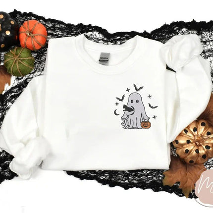 Embroidered Halloween Ghost Sweatshirt, Vintage Fall Ghost Pumpkin Sweater