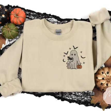 Embroidered Halloween Ghost Sweatshirt, Vintage Fall Ghost Pumpkin Sweater
