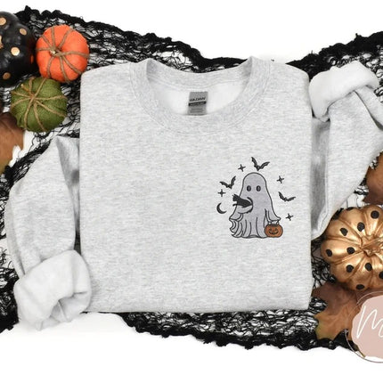 Embroidered Halloween Ghost Sweatshirt, Vintage Fall Ghost Pumpkin Sweater