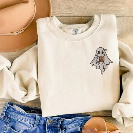 Vintage Ghost with Coffee Sweatshirt, Cute Halloween Ghost Sweatshirt, Embroidered Fall Crewneck Jumper, Spooky Outfits, Coffee Lovers Gifts