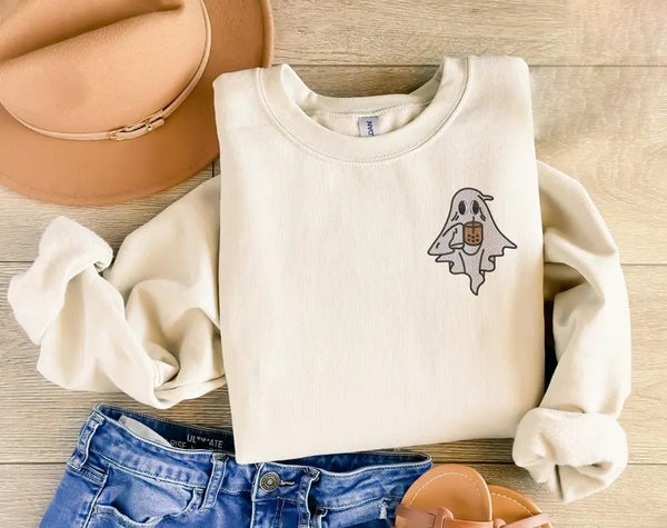 Vintage Ghost with Coffee Sweatshirt, Cute Halloween Ghost Sweatshirt, Embroidered Fall Crewneck Jumper, Spooky Outfits, Coffee Lovers Gifts