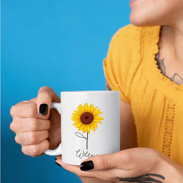 Personalised Name Sunflower Mug, Sunflower Printed White Ceramic Mugs, 11oz Coffee Cups, Coffee Mugs For Girlfriend, Memorial Gift for Wifey