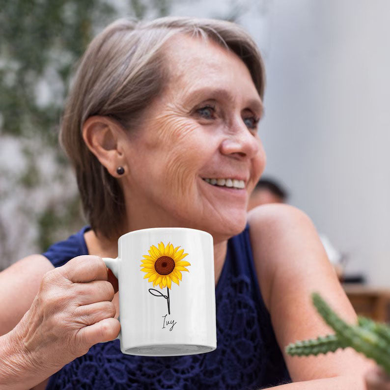 Personalised Name Sunflower Mug, Sunflower Printed White Ceramic Mugs, 11oz Coffee Cups, Coffee Mugs For Girlfriend, Memorial Gift for Wifey