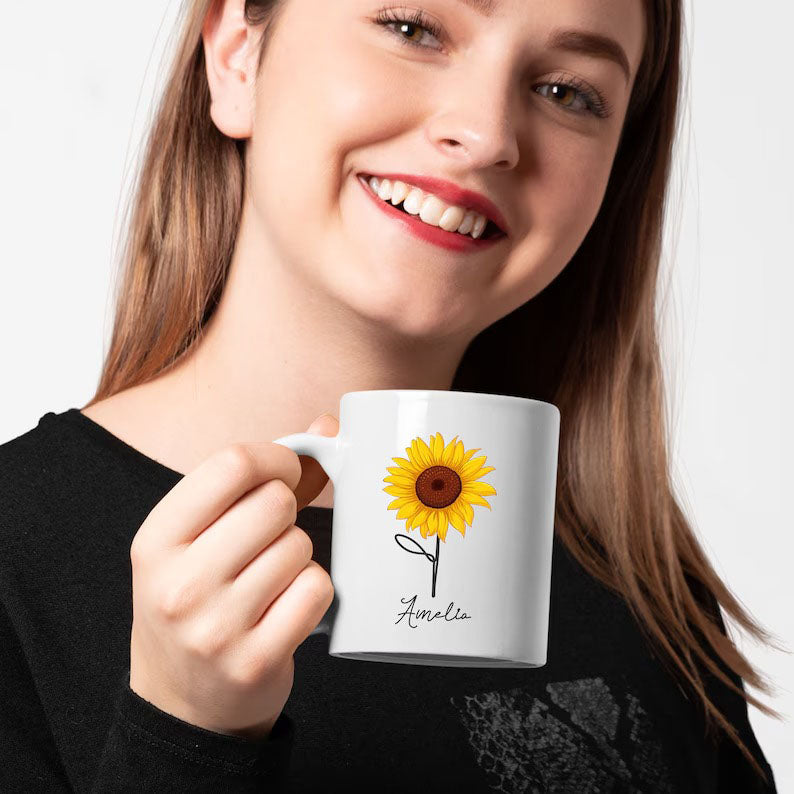 Personalised Name Sunflower Mug, Sunflower Printed White Ceramic Mugs, 11oz Coffee Cups, Coffee Mugs For Girlfriend, Memorial Gift for Wifey