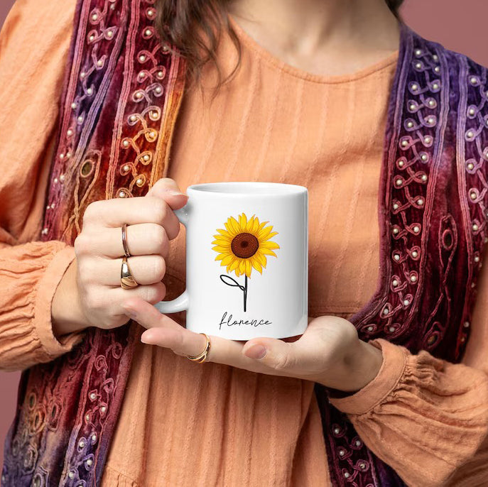 Personalised Name Sunflower Mug, Sunflower Printed White Ceramic Mugs, 11oz Coffee Cups, Coffee Mugs For Girlfriend, Memorial Gift for Wifey