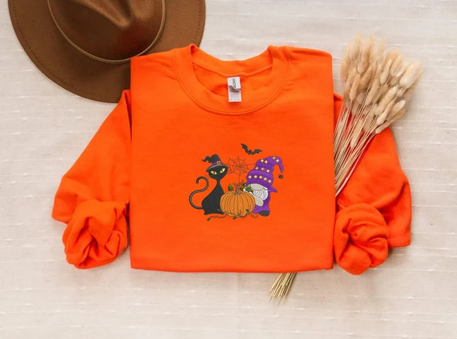 Fall Cat and Gnome Sweater, Halloween Pumpkin Embroidered Sweatshirt
