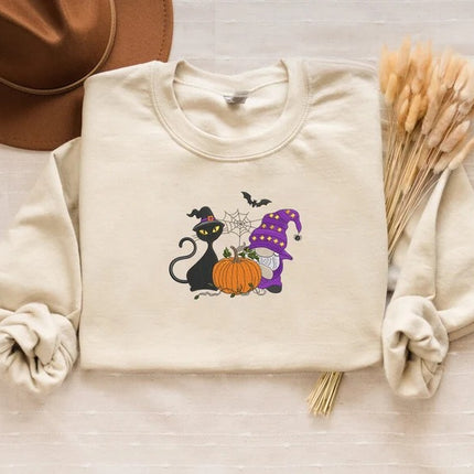 Fall Cat and Gnome Sweater, Halloween Pumpkin Embroidered Sweatshirt