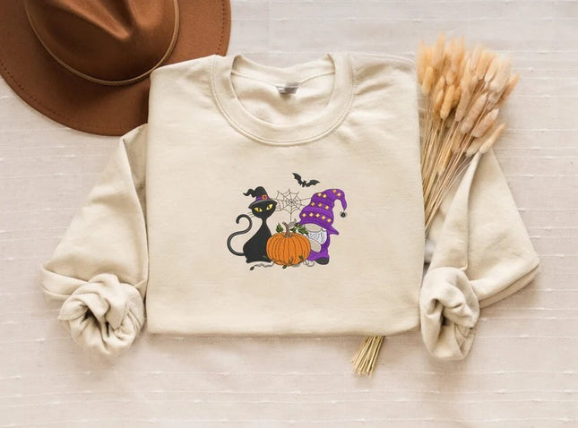 Fall Cat and Gnome Sweater, Halloween Pumpkin Embroidered Sweatshirt