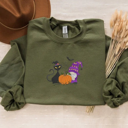Fall Cat and Gnome Sweater, Halloween Pumpkin Embroidered Sweatshirt