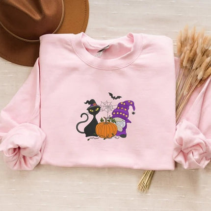 Fall Cat and Gnome Sweater, Halloween Pumpkin Embroidered Sweatshirt
