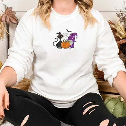 Fall Cat and Gnome Sweater, Halloween Pumpkin Embroidered Sweatshirt