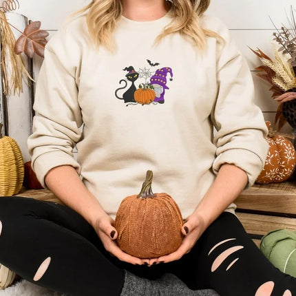 Fall Cat and Gnome Sweater, Halloween Pumpkin Embroidered Sweatshirt