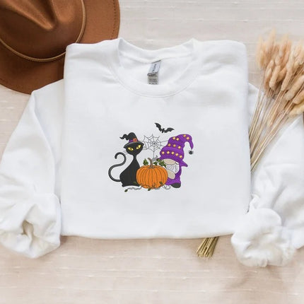 Fall Cat and Gnome Sweater, Halloween Pumpkin Embroidered Sweatshirt