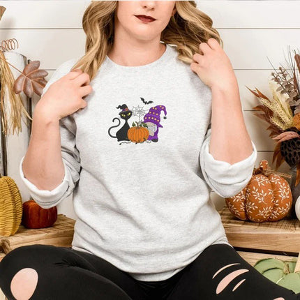Fall Cat and Gnome Sweater, Halloween Pumpkin Embroidered Sweatshirt