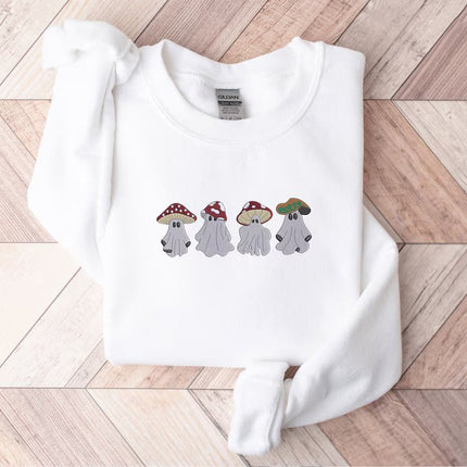 Mushroom Ghost Halloween Sweater, Cute Face Ghost Embroidered Sweatshirt, Vintage Fall Jumper, Spooky Season Outfits, Halloween Gift for Him