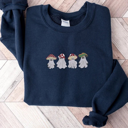 Mushroom Ghost Halloween Sweater, Cute Face Ghost Embroidered Sweatshirt, Vintage Fall Jumper, Spooky Season Outfits, Halloween Gift for Him