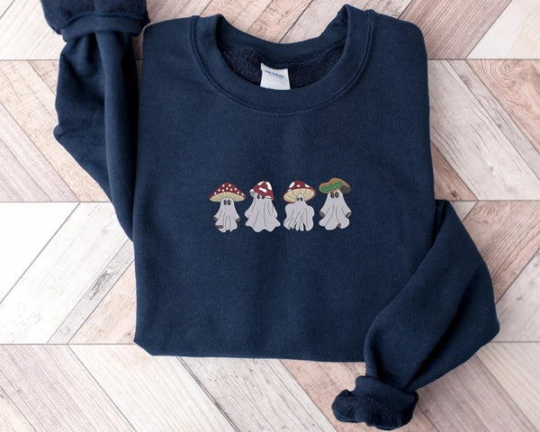 Mushroom Ghost Halloween Sweater, Cute Face Ghost Embroidered Sweatshirt, Vintage Fall Jumper, Spooky Season Outfits, Halloween Gift for Him