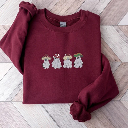 Mushroom Ghost Halloween Sweater, Cute Face Ghost Embroidered Sweatshirt, Vintage Fall Jumper, Spooky Season Outfits, Halloween Gift for Him