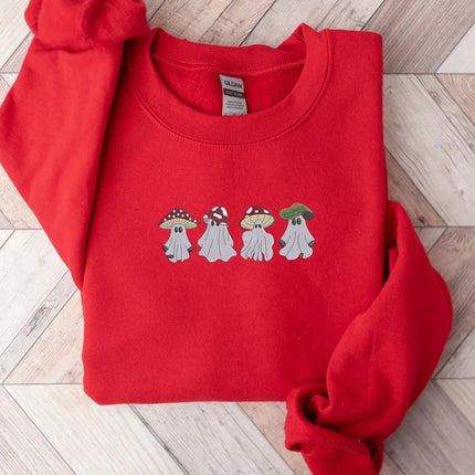 Mushroom Ghost Halloween Sweater, Cute Face Ghost Embroidered Sweatshirt, Vintage Fall Jumper, Spooky Season Outfits, Halloween Gift for Him