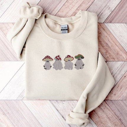 Mushroom Ghost Halloween Sweater, Cute Face Ghost Embroidered Sweatshirt, Vintage Fall Jumper, Spooky Season Outfits, Halloween Gift for Him