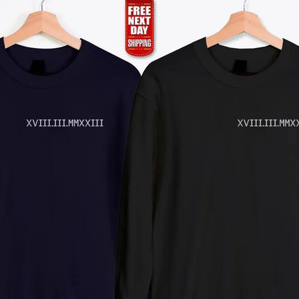 Embroidered Matching Roman Numeral Sweatshirt, Custom Initials With Heart Sleeve Jumper, Girlfriend Gift Custom Anniversary Date Couple Tops