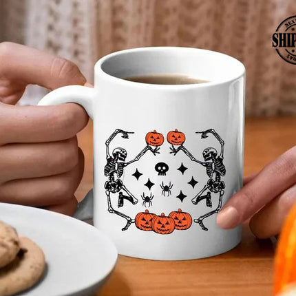 Funny Dancing Skeleton Coffee Mug, Retro Halloween Printed Mug, Vintage Fall Pumpkins Ceramic Mug, Spooky Season Cup, Fall Gift for Friends