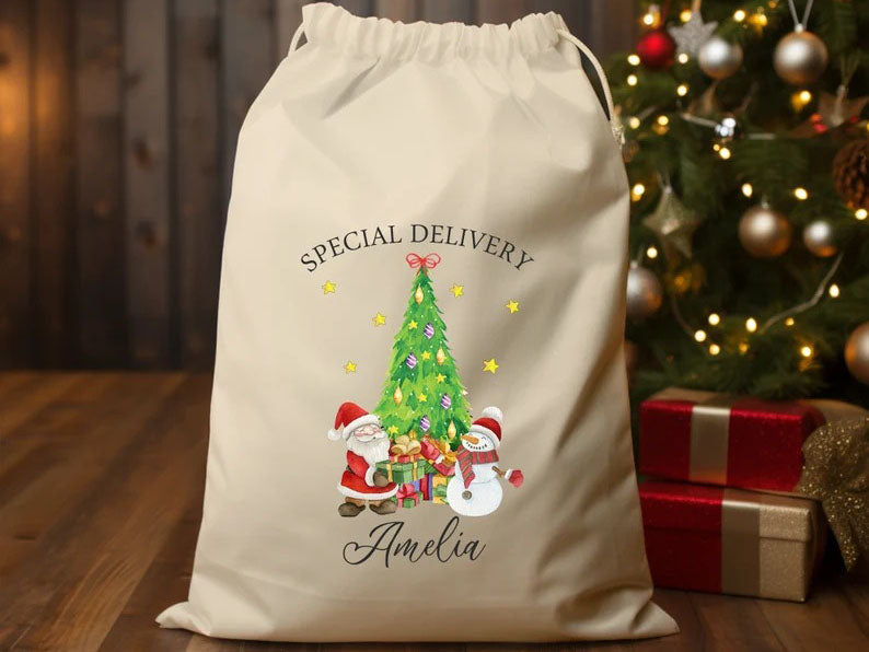 Personalised Christmas Toy Sacks, Custom Name Christmas Tree Printed Santa Sacks, Kids Xmas Toys Sack Bag, Christmas Gift Bag, Xmas Present