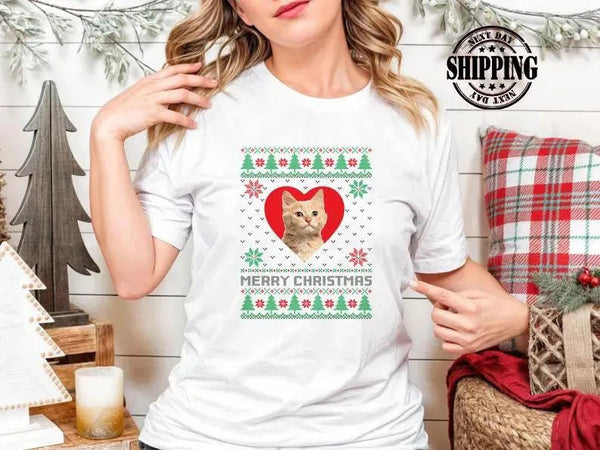 Custom Pet Photo Christmas Shirts, Personalised Christmas Dog Face T-Shirts, Xmas Holidays Ugly Printed Shirts, Christmas Pet Lovers Gifts