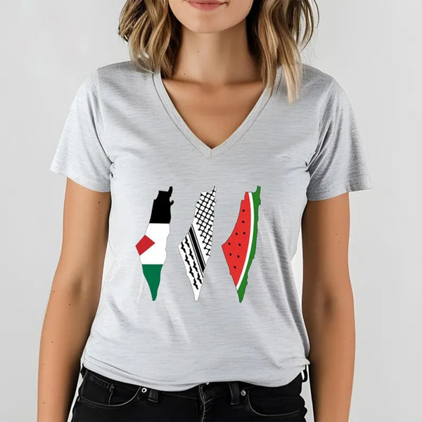 Palestine Flag Printed T-Shirt, Palestine Map Designs Tee Shirt, Muslims Solidarity Comfort Tops, Palestine Watermelon Flag V-Neck Tees