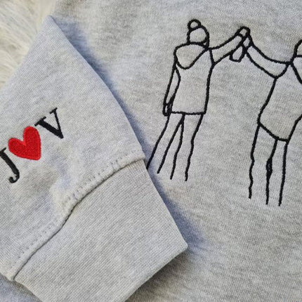 Custom Photo Embroidered Hoodie, Personalised Family Matching Sketch from Photo Unisex Jumper, 1st Anniversary Special Date Initial Sweater