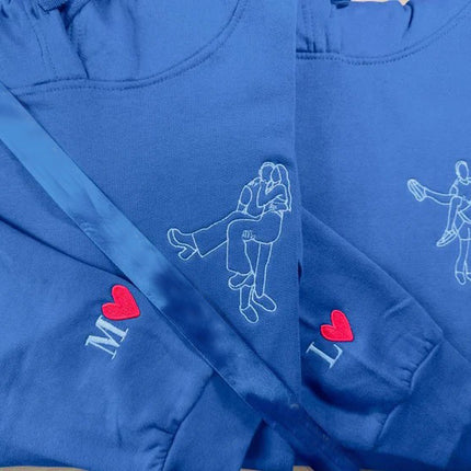 Photo Sweatshirt, Sketch from Photo Custom Embroidered Hoodie, Portrait Photo One Year Anniversary Special Date GF BF Couple Matching Hoodie