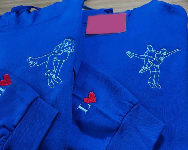 Photo Sweatshirt, Sketch from Photo Custom Embroidered Hoodie, Portrait Photo One Year Anniversary Special Date GF BF Couple Matching Hoodie