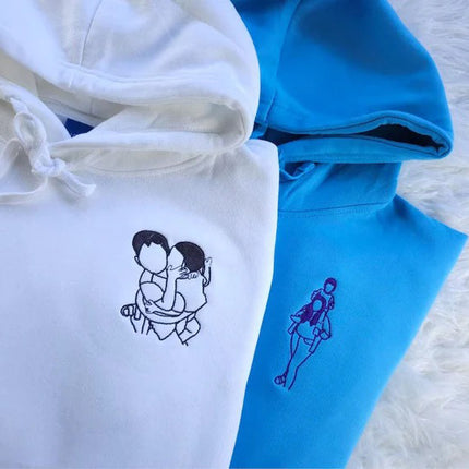 Custom Photo Embroidered Hoodie, Personalised Family Matching Sketch from Photo Unisex Jumper, 1st Anniversary Special Date Initial Sweater