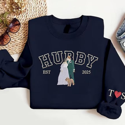 Embroidered Wifey Hubby Sweatshirt, Custom Portrait from Photo Sweater, Personalised Est Date Couple Matching Jumper, Newlywed Couple Gifts