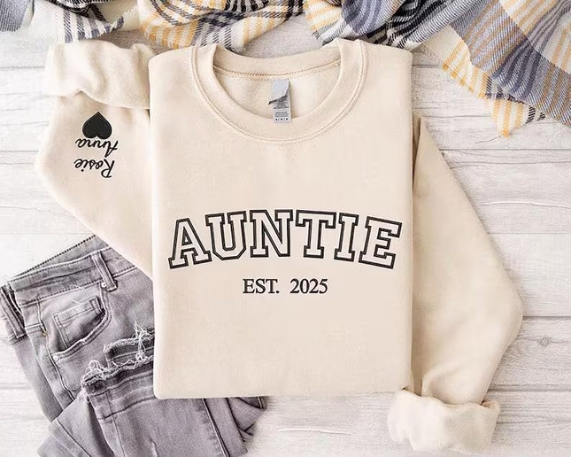 Custom Auntie Crewneck Sweatshirt, Embroidered Kids Name Sweater, Gift for New Aunt
